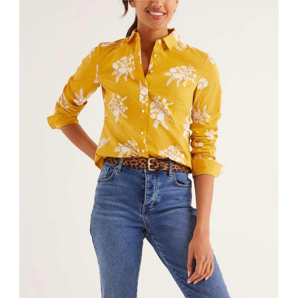 Boden The Classic Shirt Mustard Yellow Floral Cotton Button Down Womens 18R